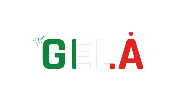 I love gela, Typographic design of I love gela on a white background, Flag typography of gela with heart, Vector design of gela City of Italy, I love Italy