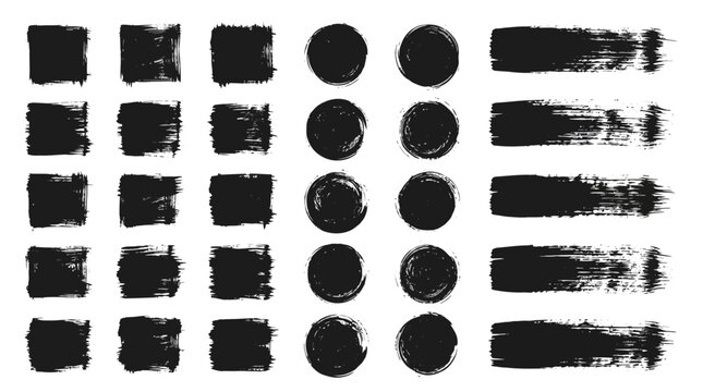 Grunge black ink brush strokes set, 30 textured paint squares and circles, hand drawn artistic vector elements for graphic design