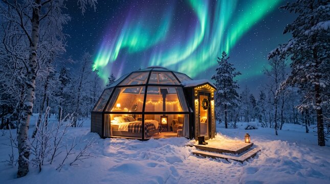 Spectacular Northern Lights over Luxury Glass Igloo in Snowy Arctic Forest at Night - Cozy Winter Travel Destination