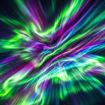 Dynamic Abstract Aurora Borealis Inspired Light Streaks in Cosmic Space with Vibrant Green, Purple, and Blue Energy Flow
