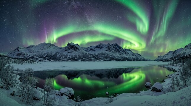 Spectacular Aurora Borealis Dancing Over Snowy Mountains and Reflective Icy Lake at Night, a Breathtaking Winter Landscape in the Arctic