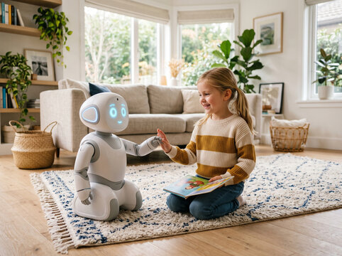 Happy Young Girl High-Fiving a Friendly Robot Companion While Reading a Book at Home