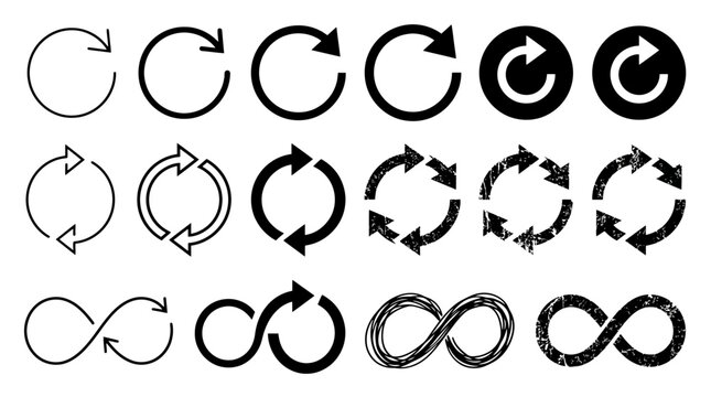 Minimalist circular arrow icons set, black refresh and reload symbols, infinity loop vector elements for web interface and sustainable design