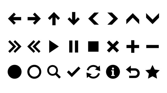 Minimalist black arrow icons and UI navigation symbols set, 24 vector interface elements, geometric web buttons for digital app design
