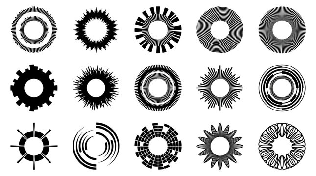 Abstract geometric circular shapes, set of 15 black vector radial design elements, futuristic tech circle icons for UI and branding