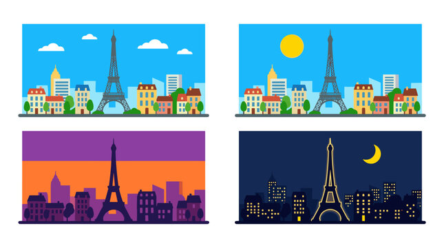 Paris Skyline Collection Vector Illustration Set in Modern Flat Blue, Purple, Orange and Midnight Travel Poster Style