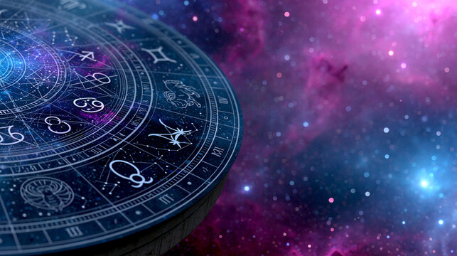 Circular astrology chart featuring zodiac signs against a deep space nebula backdrop, cosmic horoscope art, with copy space