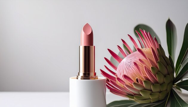 White Minimalist Lipstick Tube With Pink Shade And Protea Flower On Clean Light Background
