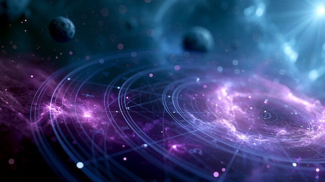 Dark cosmic background with glowing nebulae and celestial bodies forming a mystical calendar pattern, horoscope backdrop, with copy space