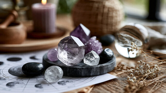 Crystal, moon chart, and orb arranged together for a spiritual insight session, mystical divination flatlay, with copy space