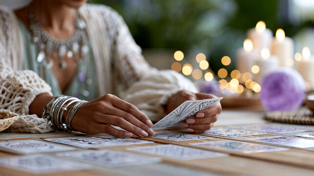 Female fortune teller reading tarot cards at a softly lit table, mystic divination practice, spiritual consultation, with copy space