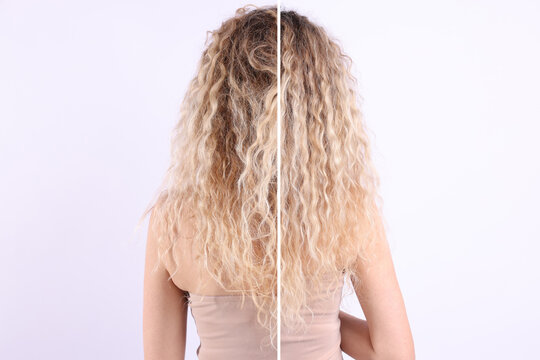 Woman with tangled hair on one side and well-groomed on another, back view. Comparative collage on white background