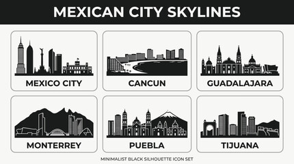 Naklejka premium Mexican City Skyline Landmark Icons Vector Set in Minimal Black and White Silhouette Style