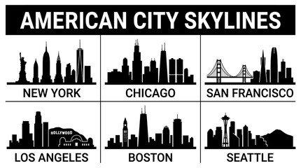 Obraz premium Modern American City Skyline Vector Collection in Minimal Black and White Silhouette Style