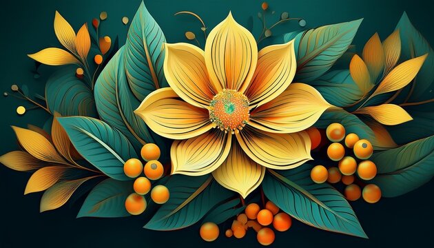 Stylized Yellow Flower With Green Leaves And Berries
