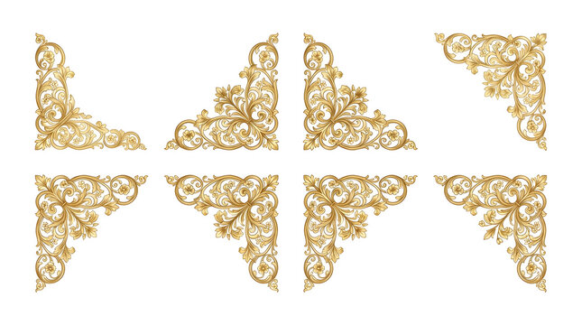 Golden ornate corner decorations, luxury filigree elements, 6-piece set, elegant gold ornaments, decorative border pieces isolated on White Background
