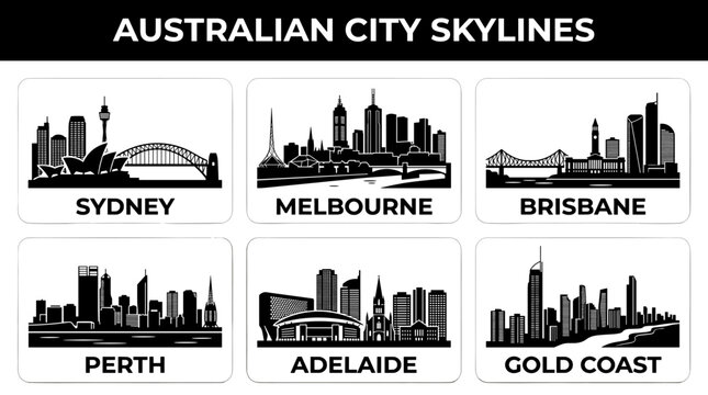 Modern Australian City Skyline Silhouette Vector Set with Iconic Urban Landmark Collection