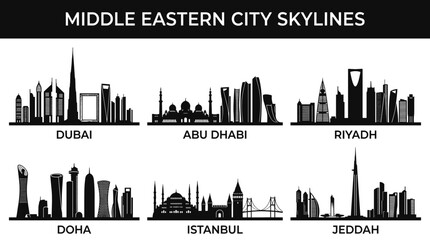 Obraz premium Middle Eastern City Skyline Vector Icon Set in Minimal Black Silhouette Travel Illustration Style