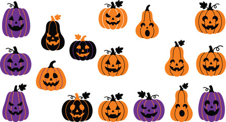 Obraz premium Collection of 15 unique jack o lanterns in orange purple and black on white background for halloween