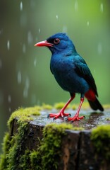 Fototapeta premium Striking blue bird with red accents, feet perches on mossy stump in rain. Vibrant feathers contrast with soft green bokeh background. Avian subject exhibits striking color patterns, suggesting