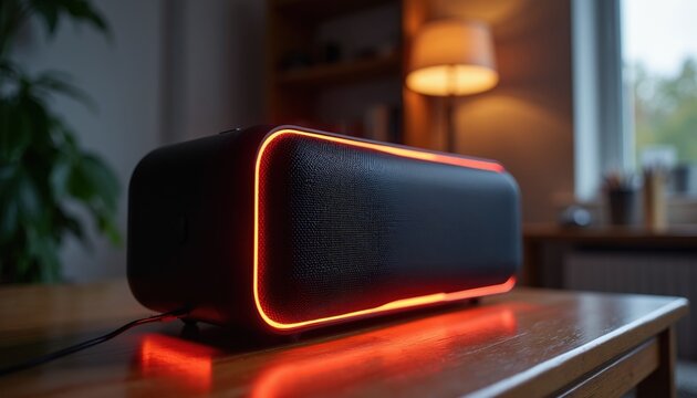 Modern black speaker with glowing red LED trim sits on wood table. Powerful sound device for home entertainment. Sleek design adds style to room decor.