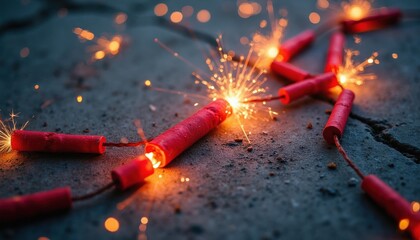 Fototapeta premium Red firecrackers on concrete surface sparkle and ignite in bright light. Festive celebration explodes with sparks and smoke creating a joyful, noisy atmosphere. Party boom with bright flashes.