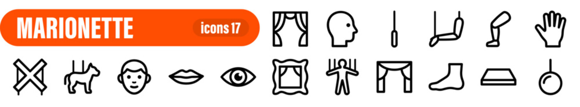 Set of 17 Marionette Theater Performance Outline Icons