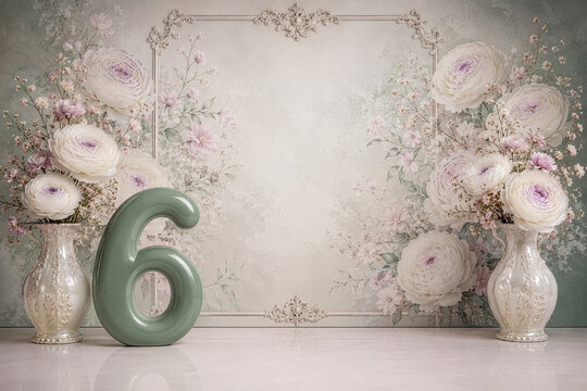 Luxury Sixth Birthday Kids Photo Backdrop with Elegant Botanical Decor, Pastel Floral Garden and Professional Photography Background