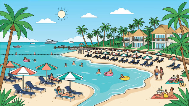 Summer beach resort vacation vector illustration in flat design style featuring tropical scenery with ocean swimming and sunbathing