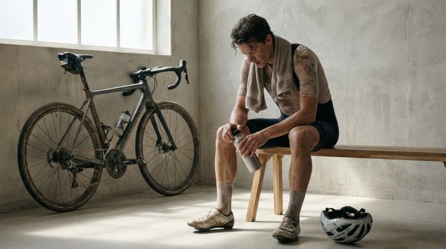 Exhausted Male Cyclist Applying Sports Cream On Legs After Ride Sitting On Wooden Bench