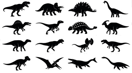 Dinosaur Species Silhouette Collection Set with Tyrannosaurus Triceratops Stegosaurus Velociraptor Brachiosaurus Pteranodon Mosasaurus and Prehistoric Reptiles,  prehistoric, jurassic, cretaceous. © MasterTech