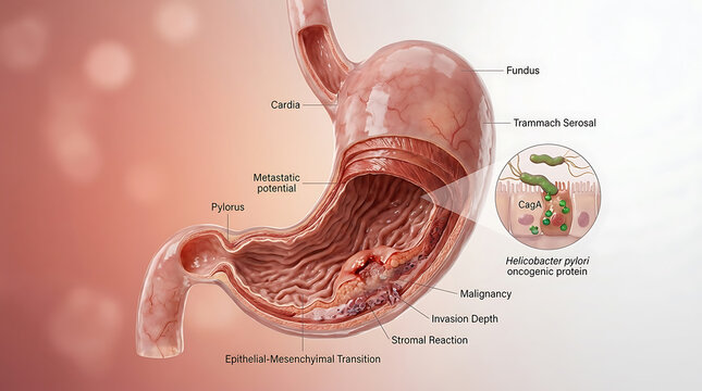 Transparent Human Stomach with Gastric Adenocarcinoma and H. pylori Oncogenic CagA Protein Particles