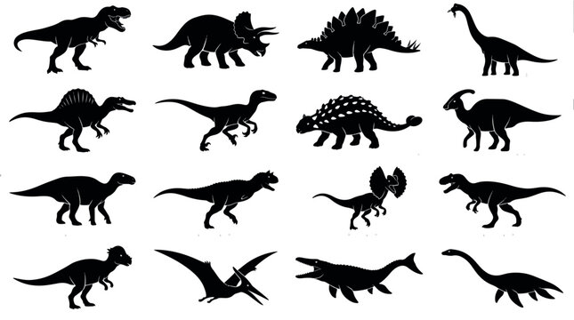 Dinosaur Species Silhouette Collection Set with Tyrannosaurus Triceratops Stegosaurus Velociraptor Brachiosaurus Pteranodon Mosasaurus and Prehistoric Reptiles,  prehistoric, jurassic, cretaceous.