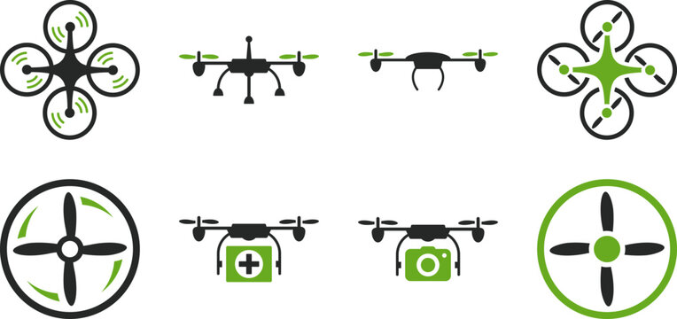 Minimalist vector icons of quadcopter drones with camera, medical drone and propeller symbols.