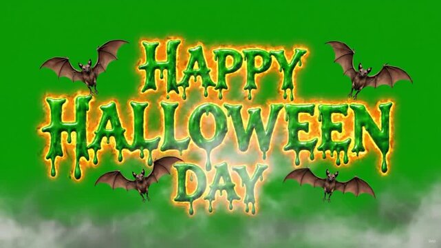 Happy Halloween Day Green Dripping Horror Typography with Flying Bats Background with Green Screen Animation.