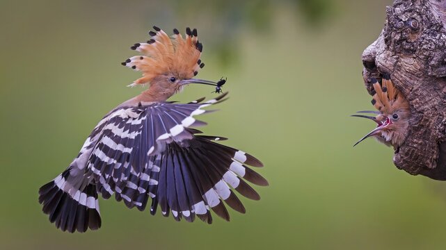 Hoopoe (Upupa epops) Bird of the Year 2022, male with food, prey, foraging, food for the young birds, erected bonnet, sunrise, interaction, breeding cave, nest, young bird begging for food, flying, on approach, wings, climate change, Middle Elbe Biosphere Reserve, Saxony-Anhalt, Germany