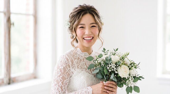 Beautiful young asian bride wearing an elegant white lace wedding dress holding a fresh floral bouquet while laughing joyfully inside a bright and airy studio space