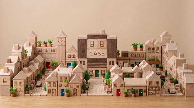 Charming miniature wooden city model featuring small houses and buildings with a central structure labeled case sitting on a smooth light brown wooden table surface