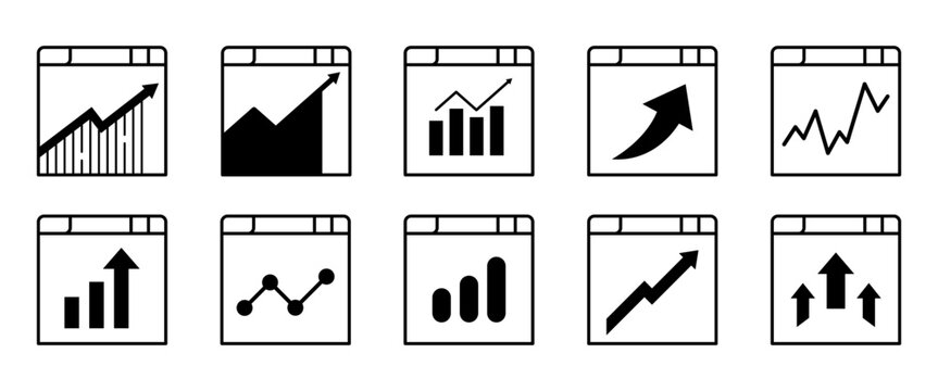 10 iconos de gr&aacute;ficos estad&iacute;sticos para visualizaci&oacute;n de datos que representan an&aacute;lisis, tendencias y m&eacute;tricas, estilo s&oacute;lido