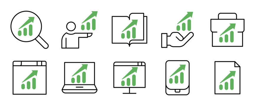 10 iconos de crecimiento empresarial para an&aacute;lisis financiero que representan rendimiento, inversi&oacute;n y desarrollo de negocios, estilo l&iacute;nea