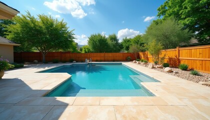 Sunny backyard features clear blue swimming pool with modern stone patio. Green trees and wooden fence surround clean water for summer relaxation and outdoor fun.