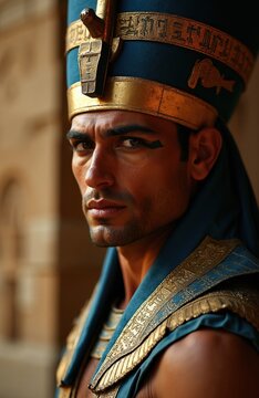 Portrait of man in Egyptian pharaoh attire. Wears blue, gold nemes headdress, ornate collar. Dark eyes gaze intensely, dramatic makeup features. Modern interpretation of ancient royalty.