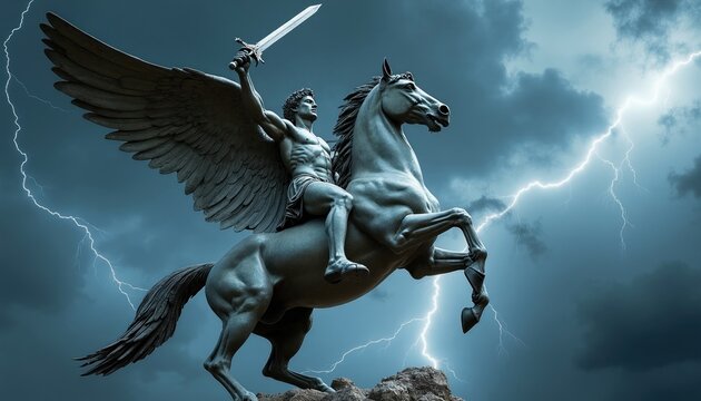 Mythological hero Perseus rides winged horse Pegasus raising sword. Dramatic stormy sky with lightning strikes. Sculpture evokes power and mythic legend.