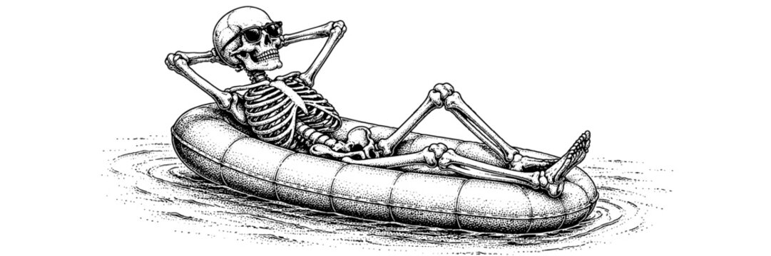 Whimsical vintage illustration of a skeleton relaxing on an inflatable tube, combining summer vacation vibes with playful gothic humor.