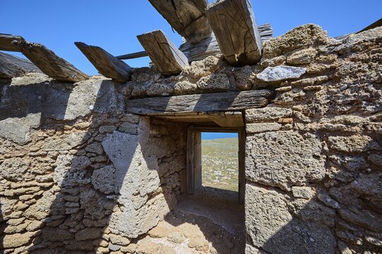 View from the window of an old mill ruin with a view of the surrounding landscape and the sky, windmill, ruin, near Lindos, Lindos, Rhodes, Dodecanese, Greek Islands, Greece