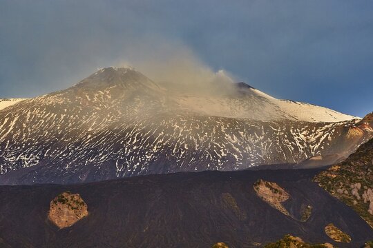 Snow-capped Etna peaks, snow-capped volcano emitting smoke against a clear sky, UNESCO World Heritage Site Etna, volcano, volcanism, Sicily, Italy