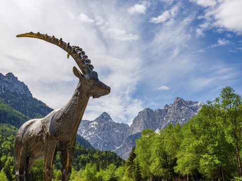 Ibex sculpture at Jasna Lake near Kranjska Gora, Triglav National Park, Slovenia