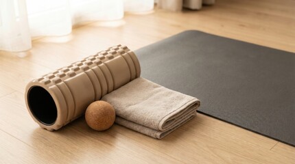 Fototapeta premium Fitness recovery equipment including textured foam roller cork massage ball and towel on black yoga mat