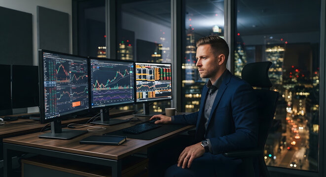 Financial trader working late at night in a city office
