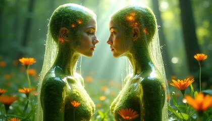 Obraz premium Two fantasy beings covered in moss and leaves stand in a sunlit forest with orange flowers. Their bodies glow with inner light and mist drapes them like veils.